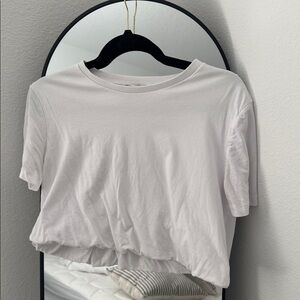 Zara White Ribbed Collar and Elastic Waist Tee